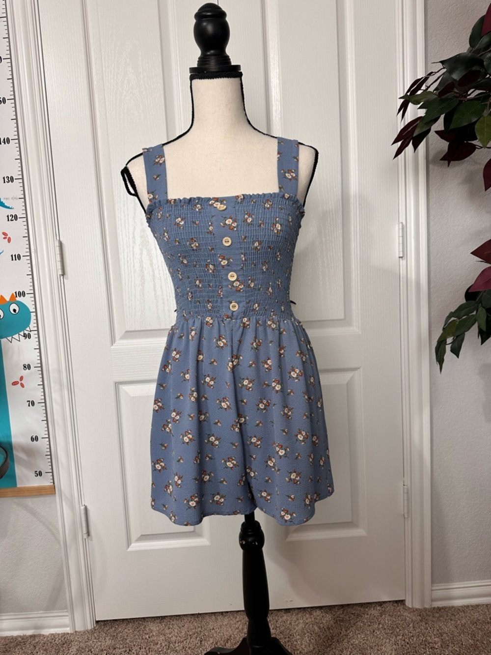Onesie Shirt Blue Floral Smocked Sundress, fits small and medium size